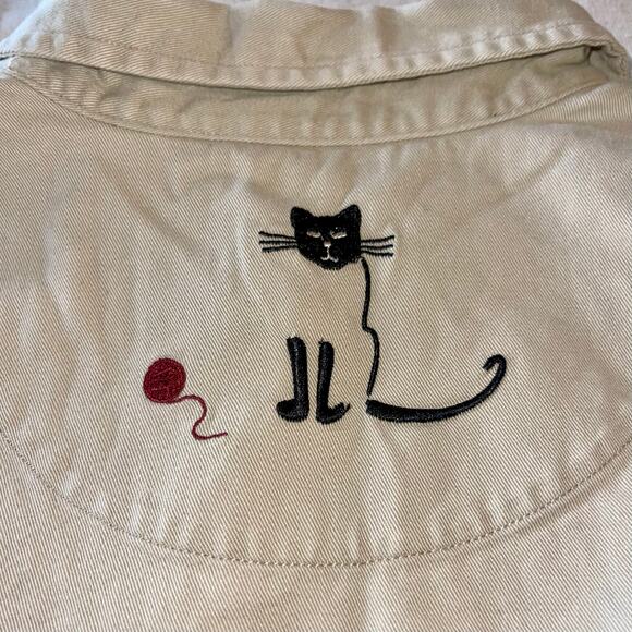 Embroidered Cat Button Up Shirt Shacket Khaki Kitty Top - Picture 9 of 10